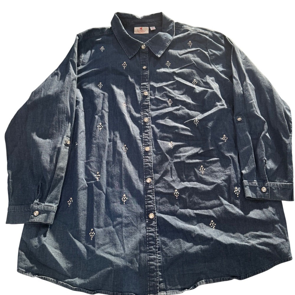 Quacker Factory Womens Size 3XL Denim‎ Embellished Button Down Long Sleeve Shirt